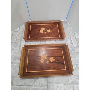 2‎ Vintage Mid Century Riekes Crisa Wood Inlay Tray Spline Joints Flower Motif